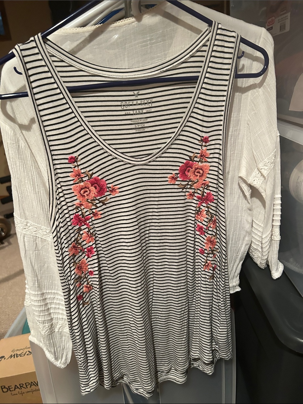 Soho & Co. Striped Tank Top with Pink Floral Embroidery